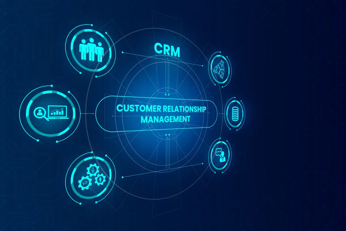CRM concept with digital icons and text.