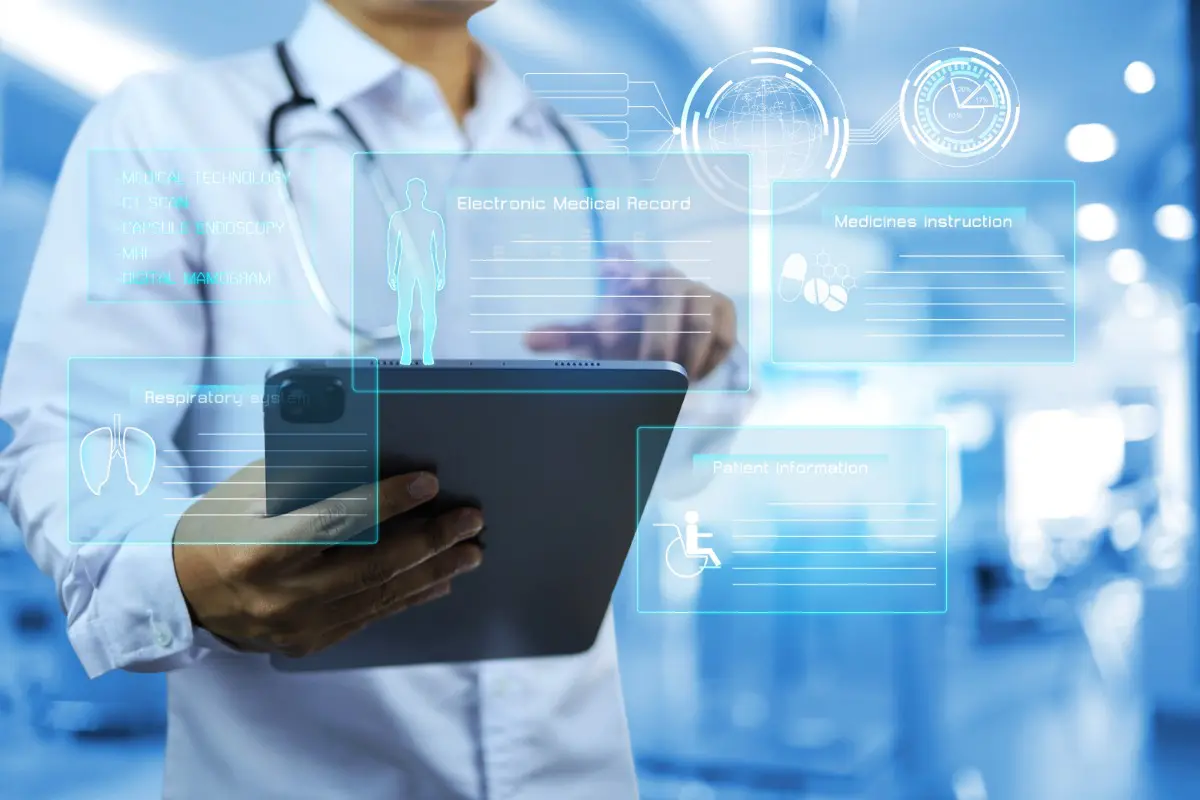 Doctor using tablet with digital medical interface.