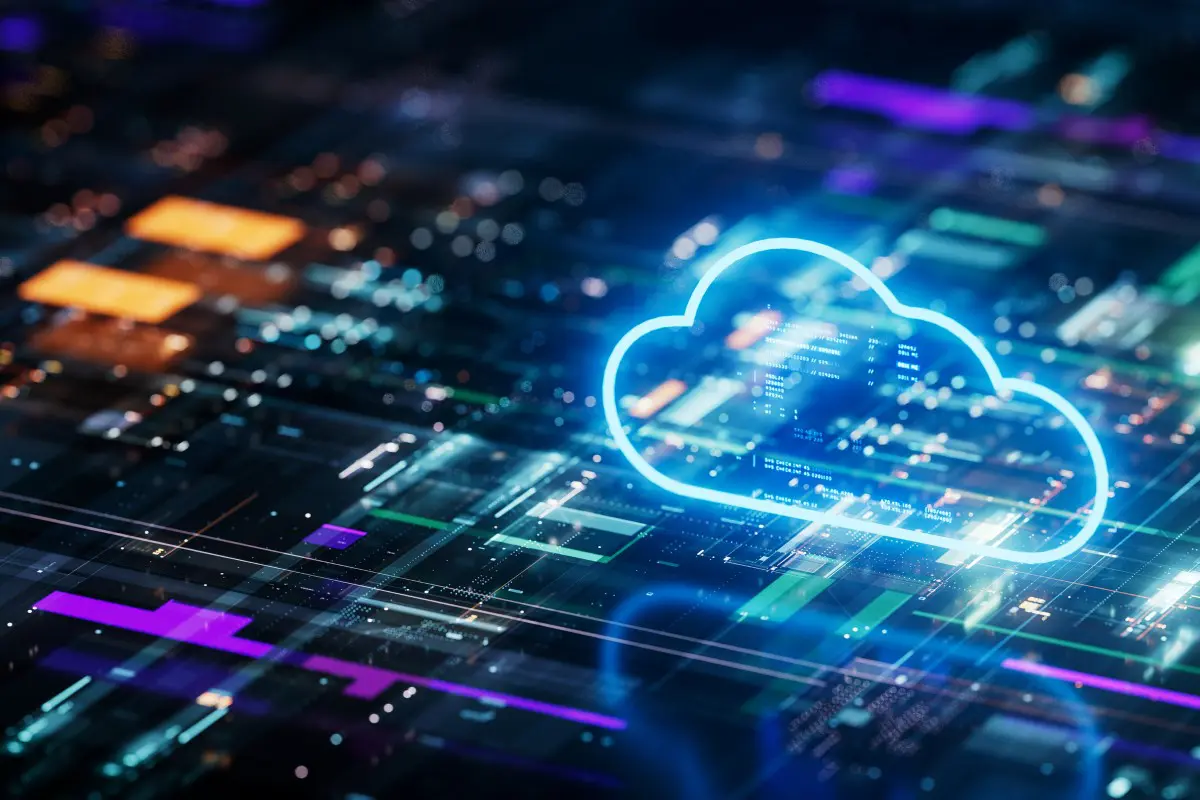 Digital cloud over a futuristic circuit board.