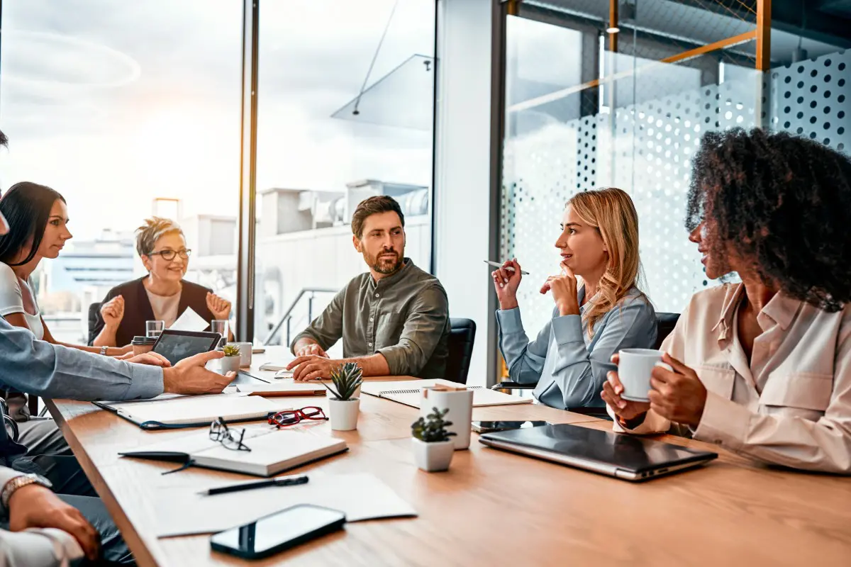 Business meeting in a modern conference room.
