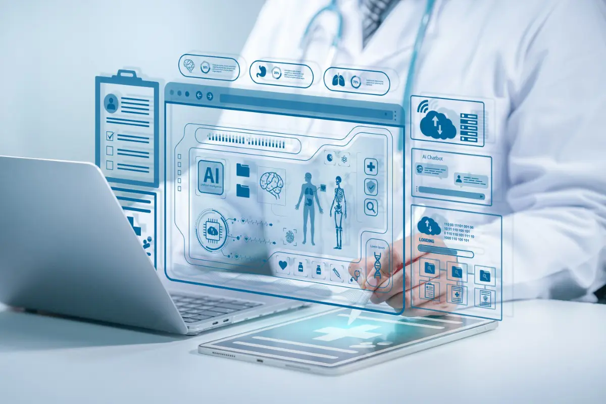Doctor using futuristic digital medical interface.