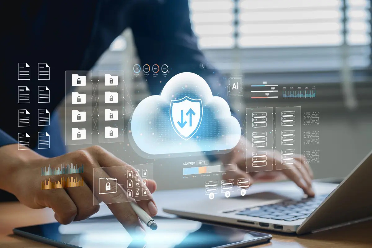 Cloud computing concept with digital security icons.
