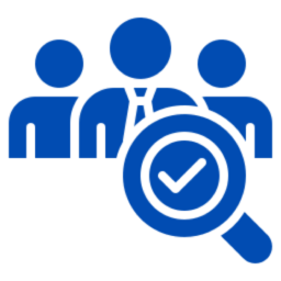 Blue people icons with magnifying glass.