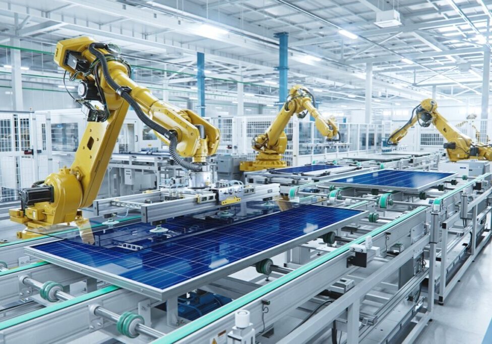 Robotic arms assembling solar panels in factory.