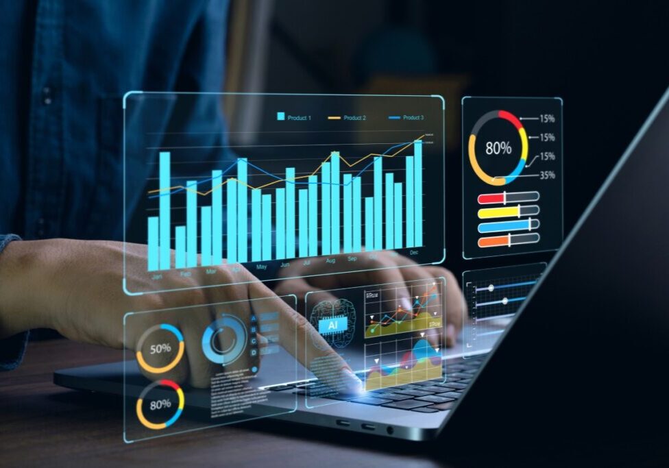 Person analyzing data on a laptop screen.