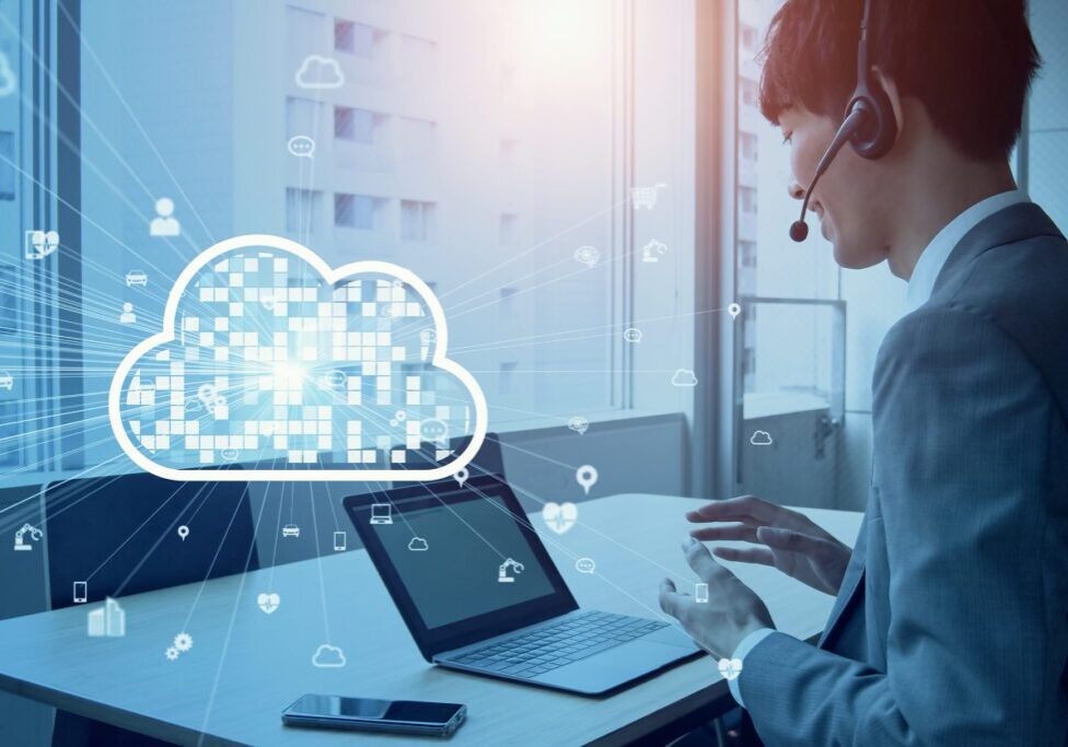 Person working on cloud computing visualization.